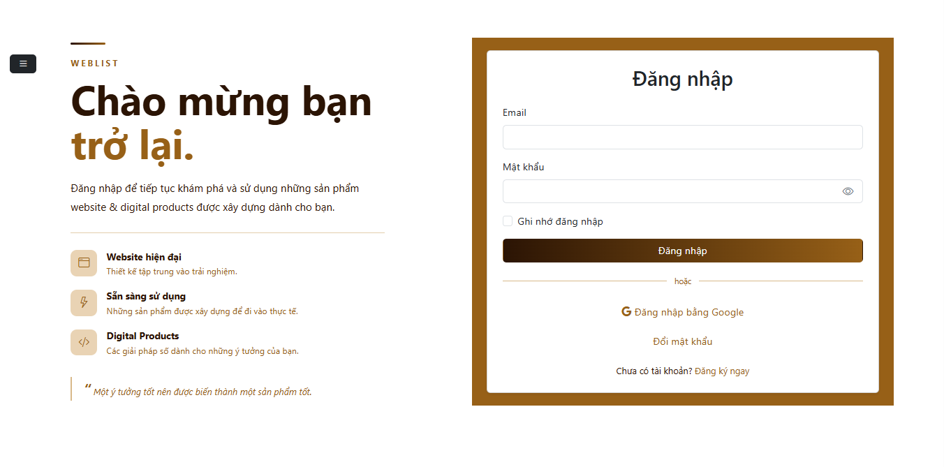 Ảnh chụp màn hình giao diện đăng nhập WebList có các trường nhập thông tin tài khoản, nút đăng nhập và liên kết đăng ký tài khoản mới.