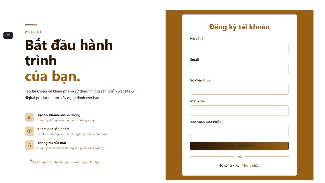 Ảnh chụp màn hình giao diện đăng nhập WebList có các trường nhập thông tin tài khoản, nút đăng nhập và liên kết đăng ký tài khoản mới.