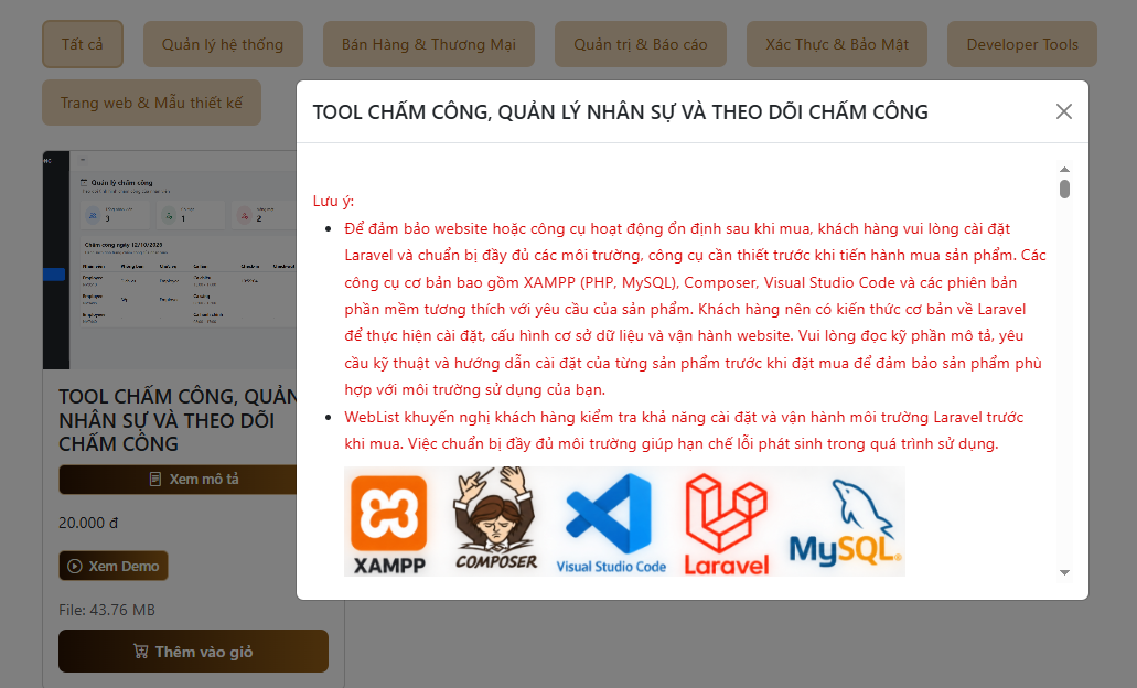 Ảnh chụp màn hình trang chi tiết một sản phẩm trên WebList, thể hiện tên sản phẩm, giá, mô tả, tính năng, yêu cầu cài đặt và thông tin demo nếu có.