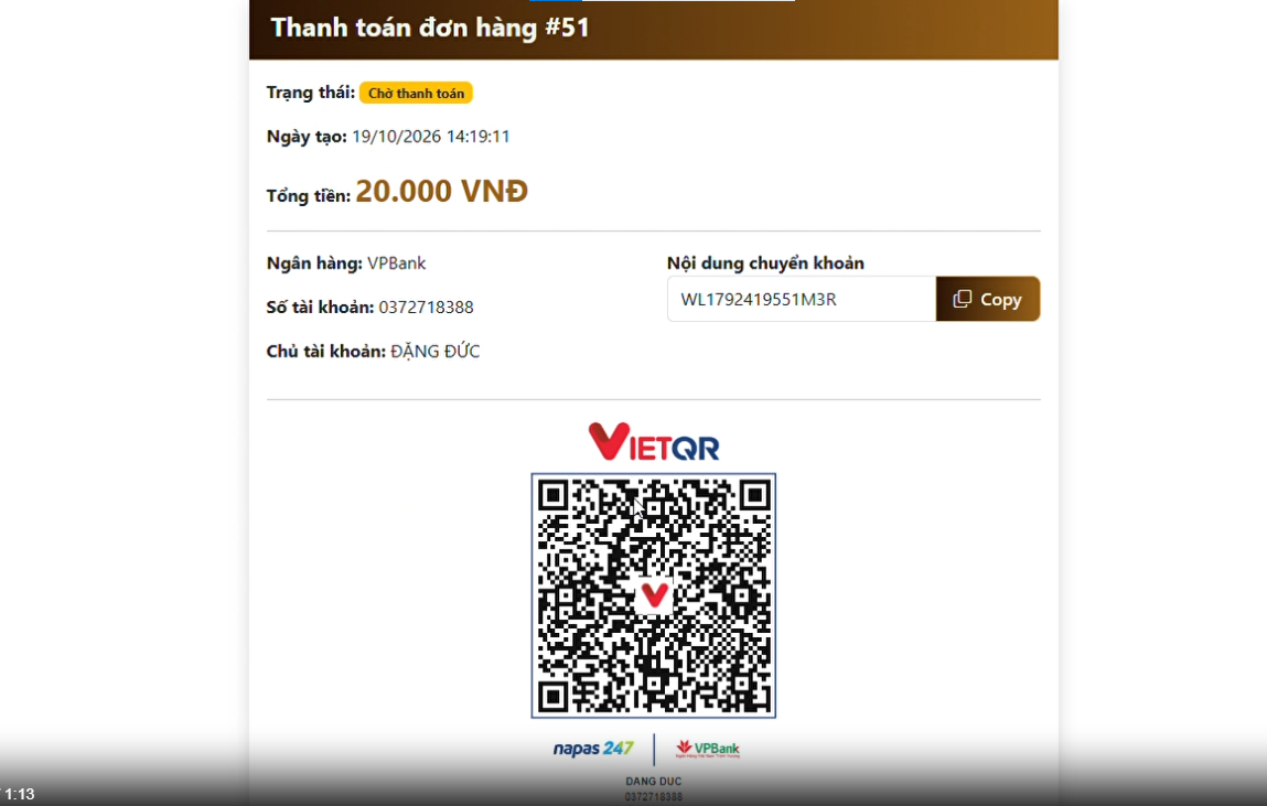 Ảnh chụp màn hình trang thanh toán đơn hàng WebList, hiển thị mã QR ngân hàng, số tiền cần thanh toán, mã đơn hàng hoặc nội dung chuyển khoản và trạng thái thanh toán đang chờ.