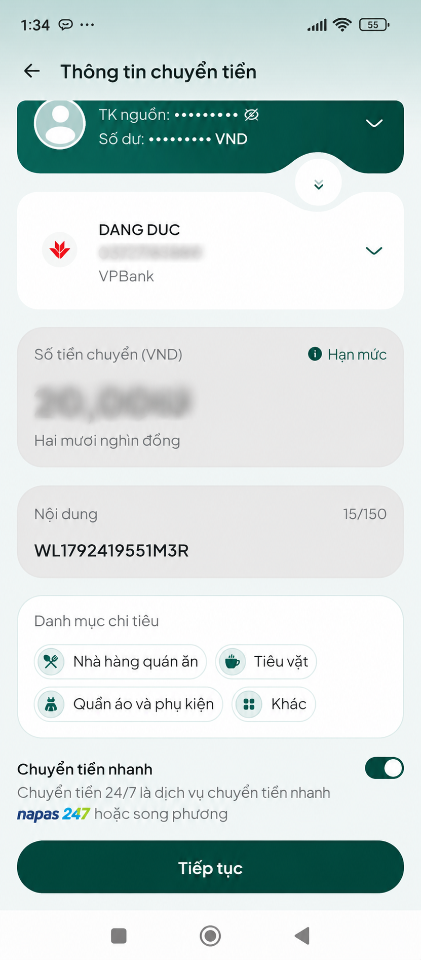 Ảnh minh họa ứng dụng ngân hàng trên điện thoại sau khi quét mã QR thanh toán WebList, thể hiện màn hình kiểm tra người nhận, số tiền và nội dung chuyển khoản trước khi xác nhận giao dịch.