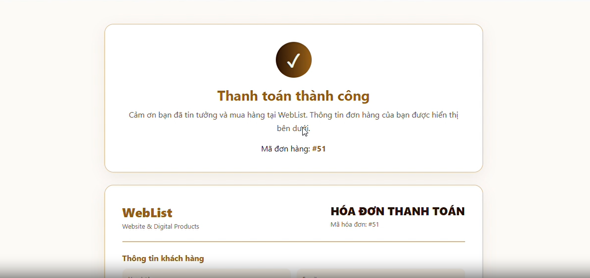 Ảnh chụp màn hình WebList sau khi chuyển khoản, thể hiện trạng thái thanh toán của đơn hàng như đang chờ xử lý hoặc đã thanh toán thành công.