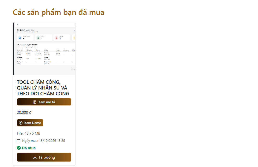 Ảnh chụp màn hình khu vực sản phẩm đã mua trên tài khoản WebList, hiển thị danh sách sản phẩm khách hàng đã thanh toán và thông tin liên quan đến từng sản phẩm.